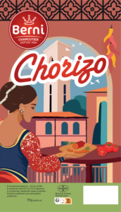 chorizo Berni Charcutier brand packaging for "Chorizo" (70g) featuring an illustration of a woman on a balcony overlooking a Mediterranean tower, with sliced chorizo on a table.