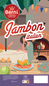 jambon italien Berni Charcutier brand packaging for "Jambon italien" (50g) featuring an illustration of an outdoor patio with a wood-fired oven and ham served with melon.