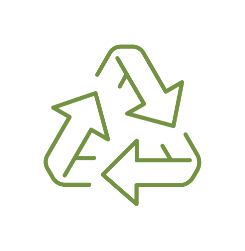 A green line icon of three arrows arranged in a triangular shape, representing a recycling or continuous cycle symbol.
