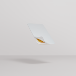 A minimalist, matte white rectangular food package floating at an angle against a uniform light gray background. The top lidding film layer is shown peeling back slightly at the bottom corner, revealing thin, yellow sliced food layers inside the container base.