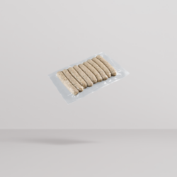 A row of eight small, light-colored sausages with visible herb flecks, vacuum-sealed side-by-side in clear plastic packaging. The pack floats at an angle against a uniform light gray background with a soft shadow underneath.