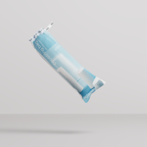 web-optimised-adapa_Ecostring bag A cylindrical, light blue flexible packaging bag with a white drawstring closure at the top, floating diagonally against a light gray background. The packaging features text reading "Ecostring bag", "designed for recycling", "with PCR content", and "re(think)", with the white "adapa" brand logo printed near the bottom.
